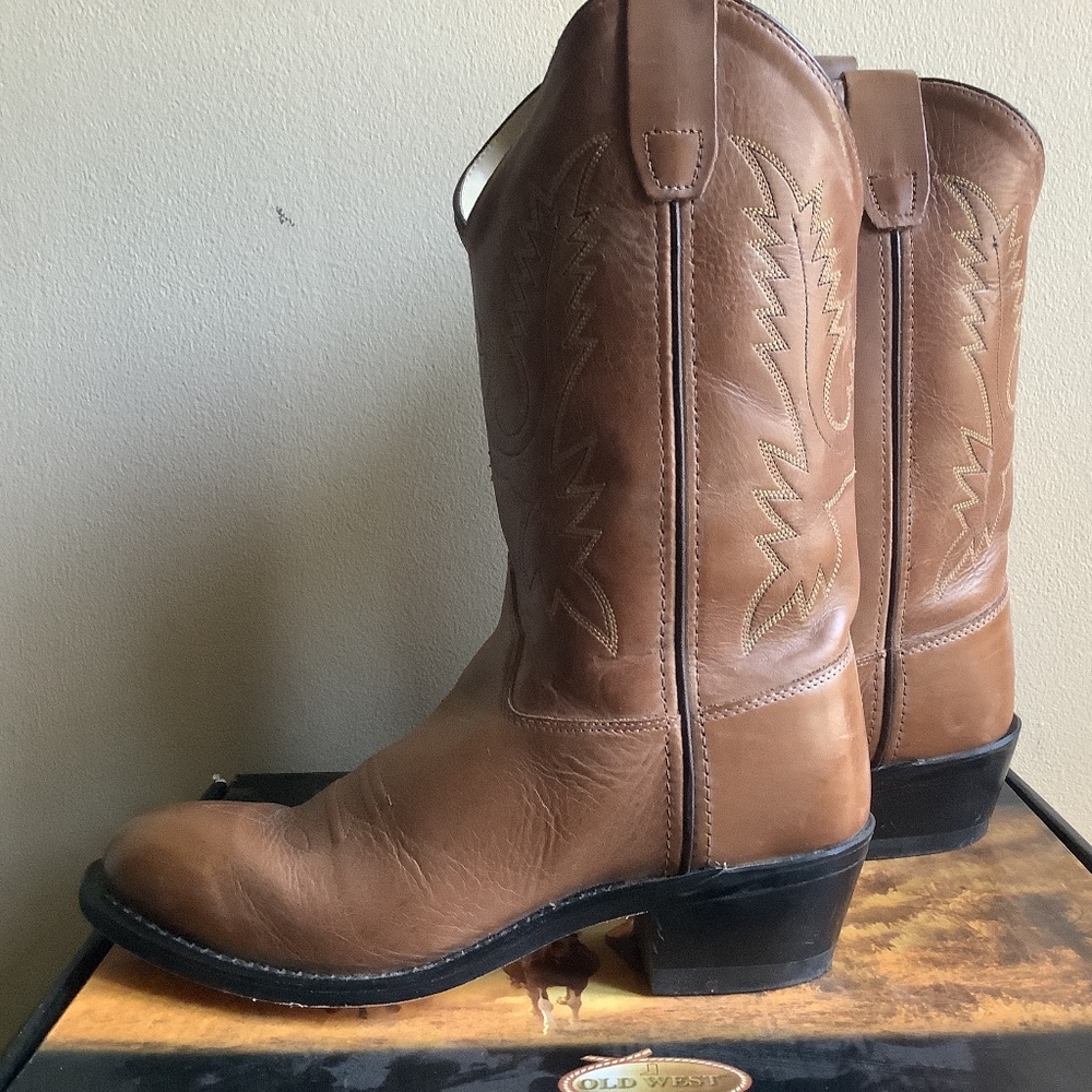 Old West Tan Youth Girls Corona Calf Leather Round Toe Cowboy Boots